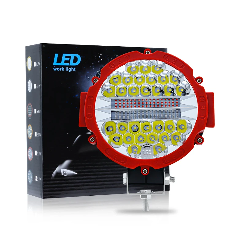 High Performance highlight spotlight dual color red blue flash 51w 7 inch round excavator work light