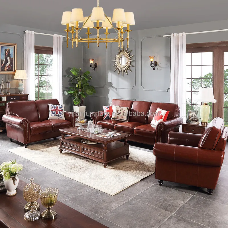 Light Luxury Furniture For Villa Sectional Sofa Tan Leather Lounge Genuine Leather Couch Sofa