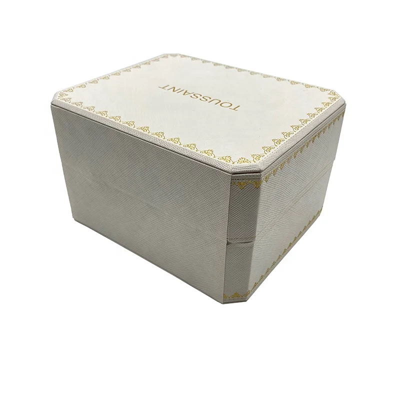 White Texured PU Leather Pocket Watch Box Octagonal Plastic Watch Box with Open Button