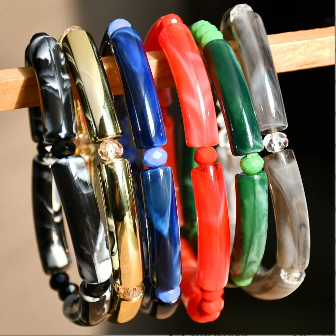 newest fashion women elastic bracelet bincolor glitter acrylic tube bracelet resin bamboo bead Bracelet for girls