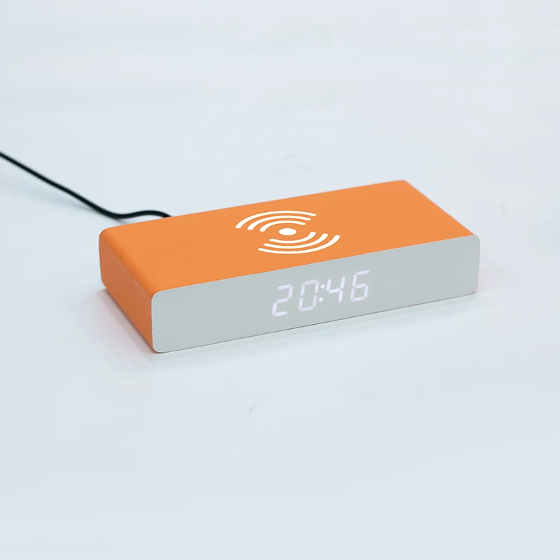 EMAF Newest best gift thin Qi wireless charger digital desktop alarm clock time day calendar clock with LED display