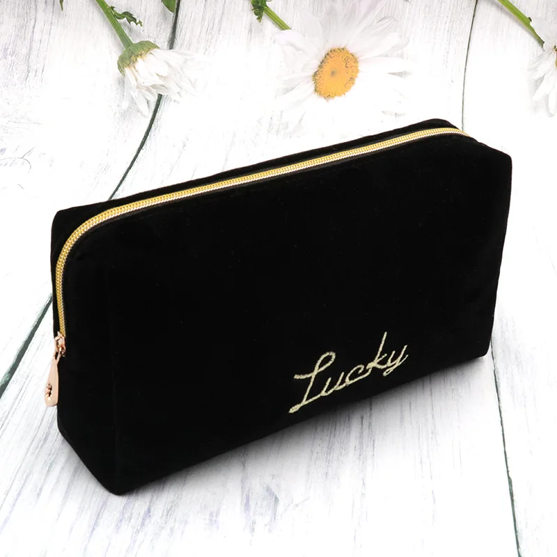 Custom Embroidery Logo Makeup Pouch Velvet Zipper Travel Cosmetic Bag Black Velour Make Up Bag Cosmetic