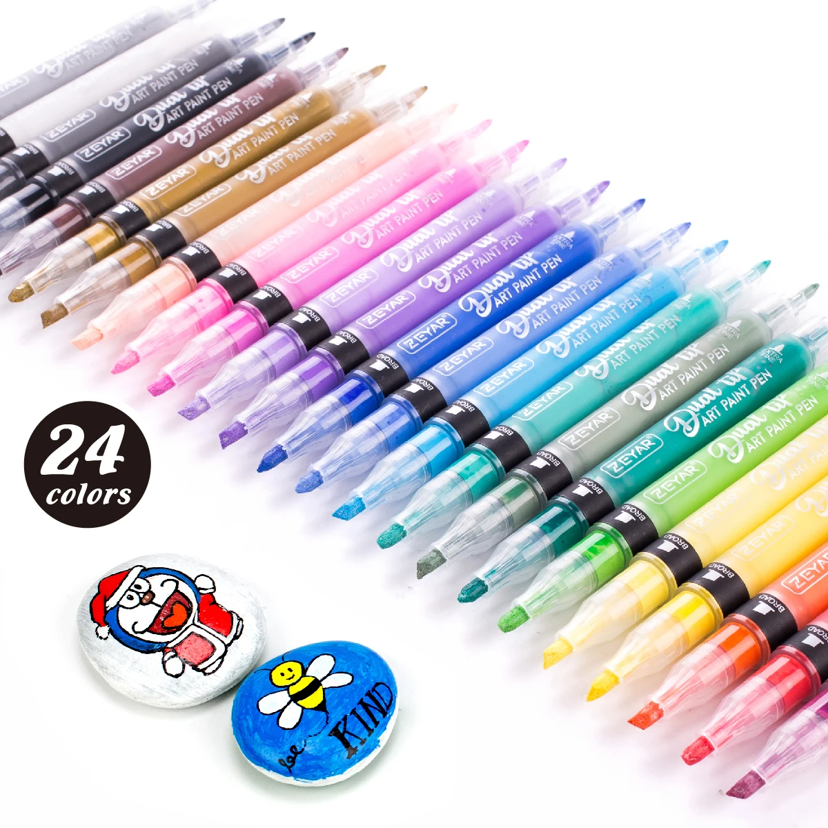 ZEYAR Dual Tip Acrylic Paint Pens 24 Colors Board and Extra Fine Tip Waterproof Ink Works on Rock, Wood, Glass, Metal, Ceramic