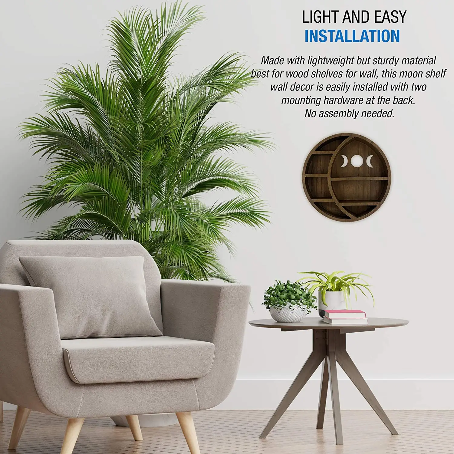 Floating Wooden Moon Shelf for Crystals Essential Oil Display