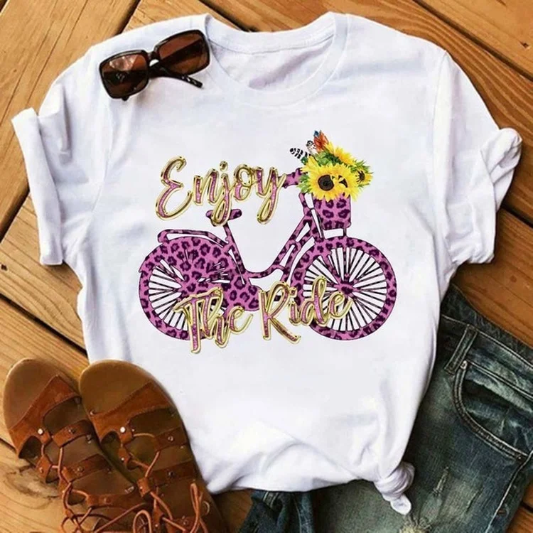 Women Graphic Flower Bike Bicycle Web Style Trend Fashion 90s Short Sleeve Lady Clothes Tops Tees Print Female Tshirt T-Shirt