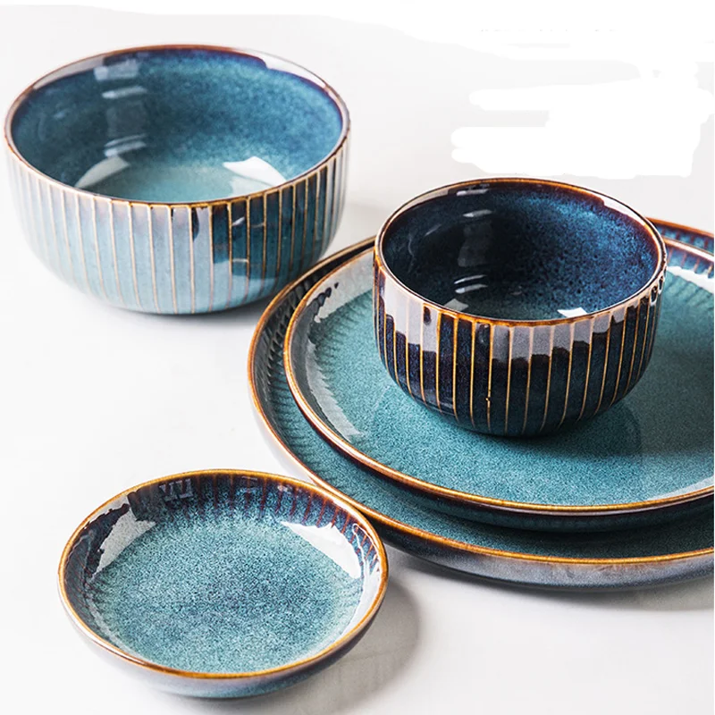 nordic kitchen arabic crockery western blue reactive glaze emboss stoneware ceramic plate dinnerware set
