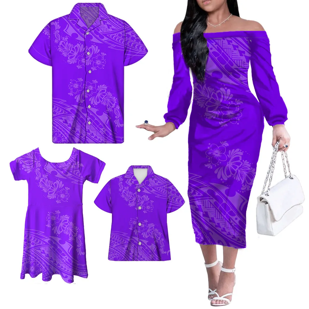 Red Polynesian Family Set 4pcs Set Unique Gifts For MOM Daddy Kids Polyester Off Shoulder Long Dress Little Girl Skrits Set