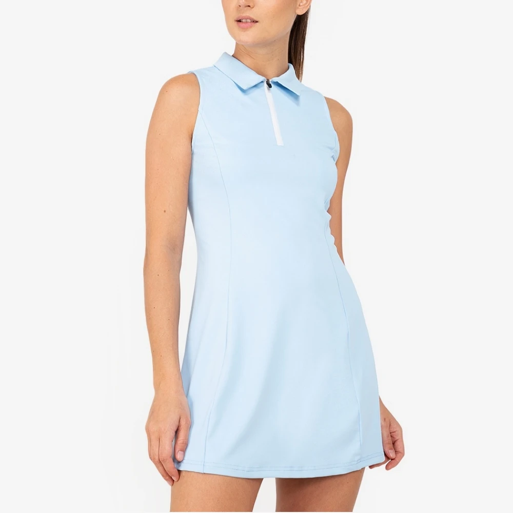 Luxury half zip tennis dress ladies sports waist zip sleeveless women pleated polo collar golf dress