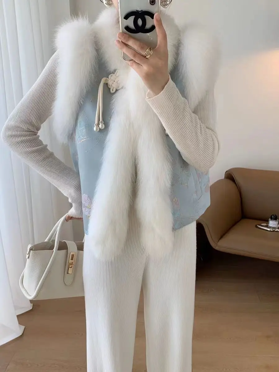 Custom Girls Plus Size waistcoat V-neck Genuine Fox Fur Vest with Denim Goose Down Cotton Filling Short Length at an Price