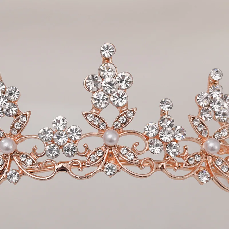 Wavy Rose Gold Color Alloy Crown With Pearls Rhinestone Flower Metal Tiaras Accessoire Femme Luxury Wedding Accessories For Brid
