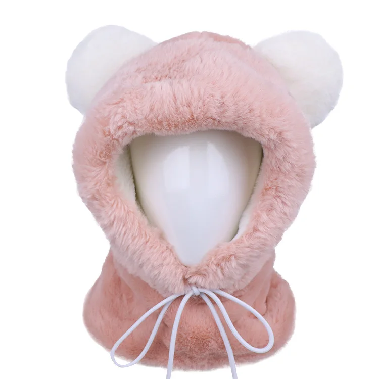 Hengxing Design Women Winter Warm Fur Hat Outdoor Riding Thickening Comfortable Bib Face Ski Mask with Bear Ears