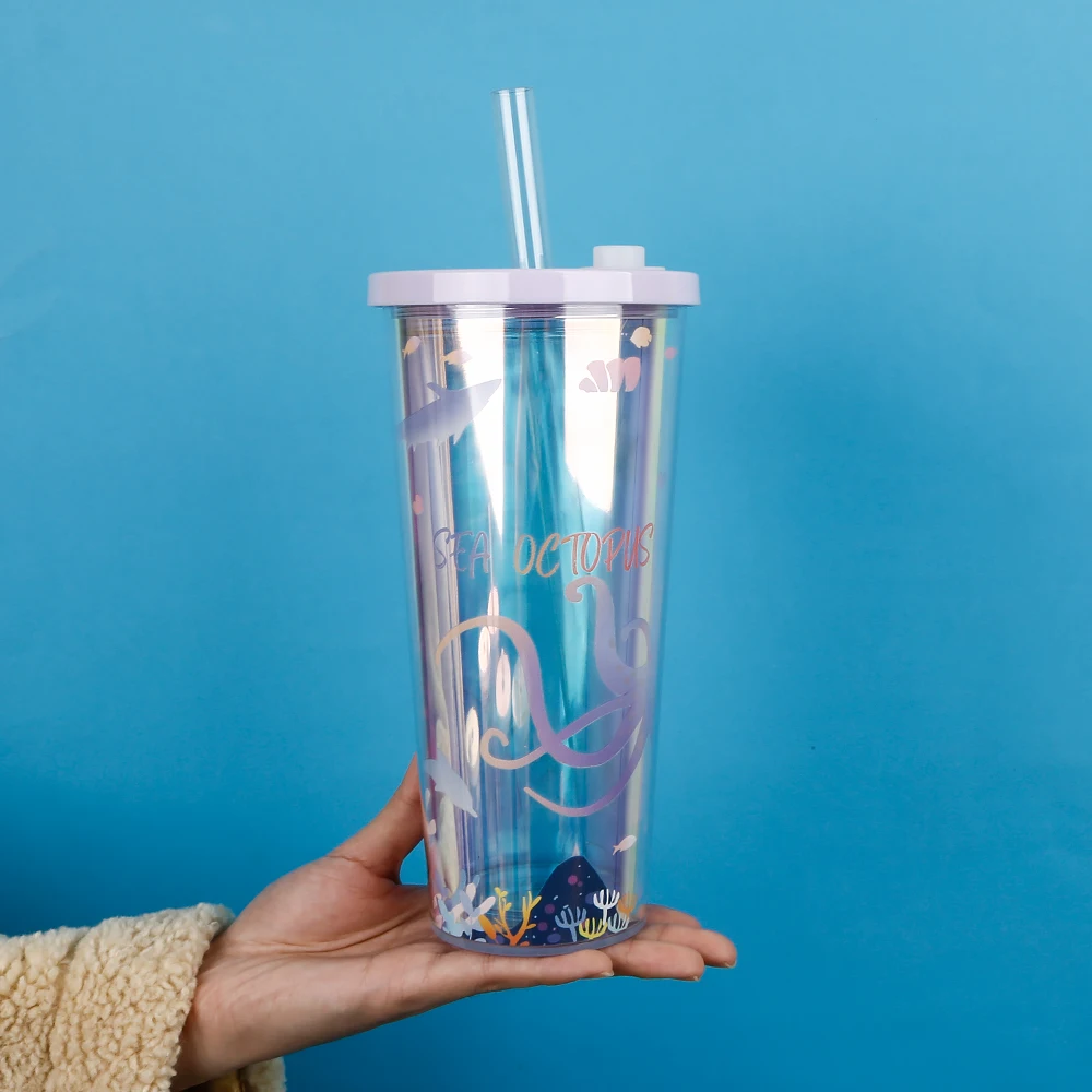 Hot Sale Hologram Double Wall Acrylic Tea Cups With Lid and Straw, Eco friendly 700ML Wide Mouth Boba Tea Cups