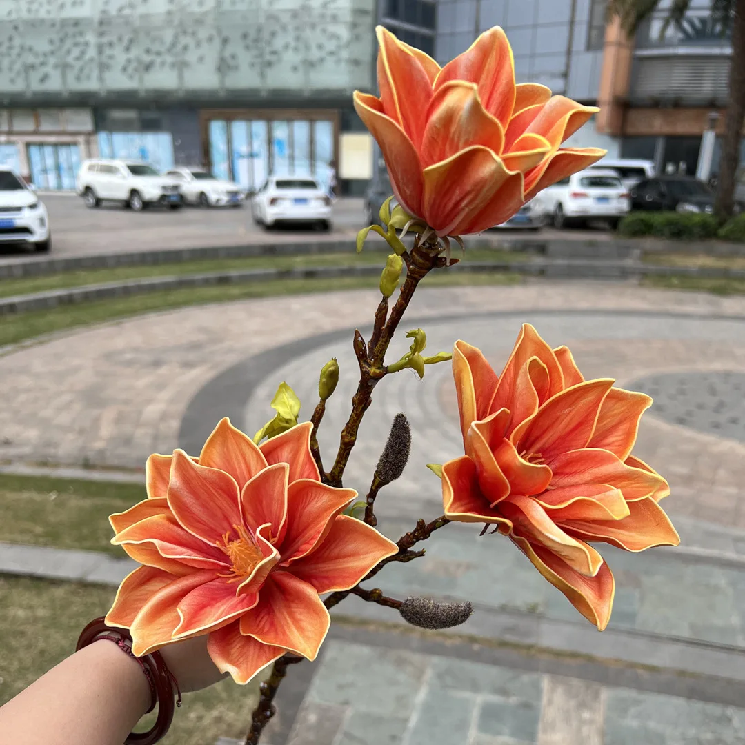 Wholesale Orange 3D Simulation Magnolia 3-Head Soft Fake Wedding Flowers with Spring Tide Feel for Wall Decor