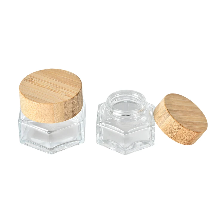 30/50/100 Ml Hexagonal Glass Jars Cosmetic Glass Cream Jar with Bamboo Lid