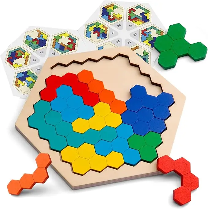 Wooden Hexagon Puzzle for Kid Adults Shape Pattern Block Tangram Brain Teaser Toy Geometry Logic  Montessori Educational Gift