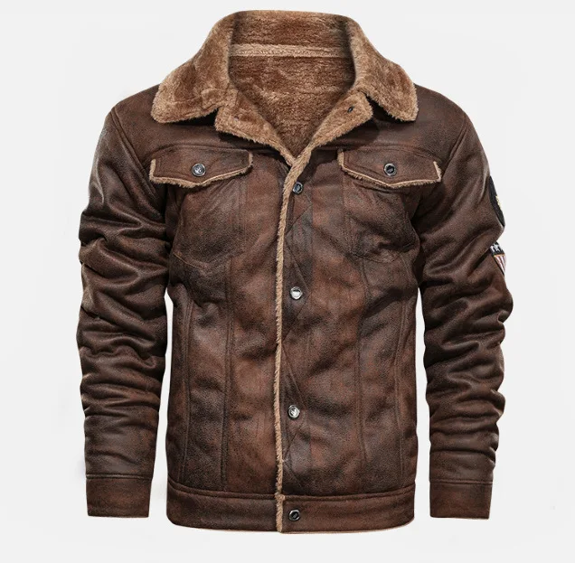 Suede Leather Winter Bike Jacket Lined With Fur Padding Retro Leather PU Motorcycle Jacket Mens PU Tactical Coat