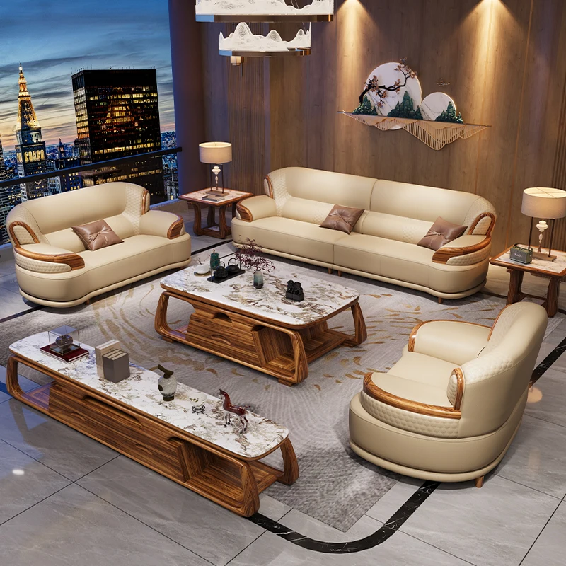 High Quality American Design Luxury Modern Upholstered Gray Leather Sofa Solid Brown Wood Living Room Set with Leisure Feature