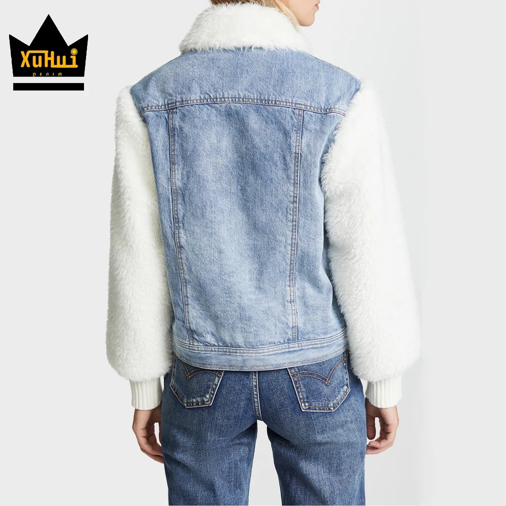 Ttop grade borg fur sleeves women jean jacket with fleece collar
