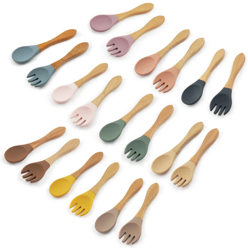 2021 New Design Safety BPA Free Silicone Bamboo Baby Feeding Spoon Fork Set