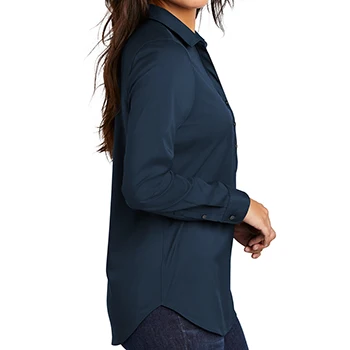 Ladies river blue navy 93/7 poly/spandex Odor-fighting Wrinkle-resistant Open collar and neckline Pearlized button Stretch Tunic