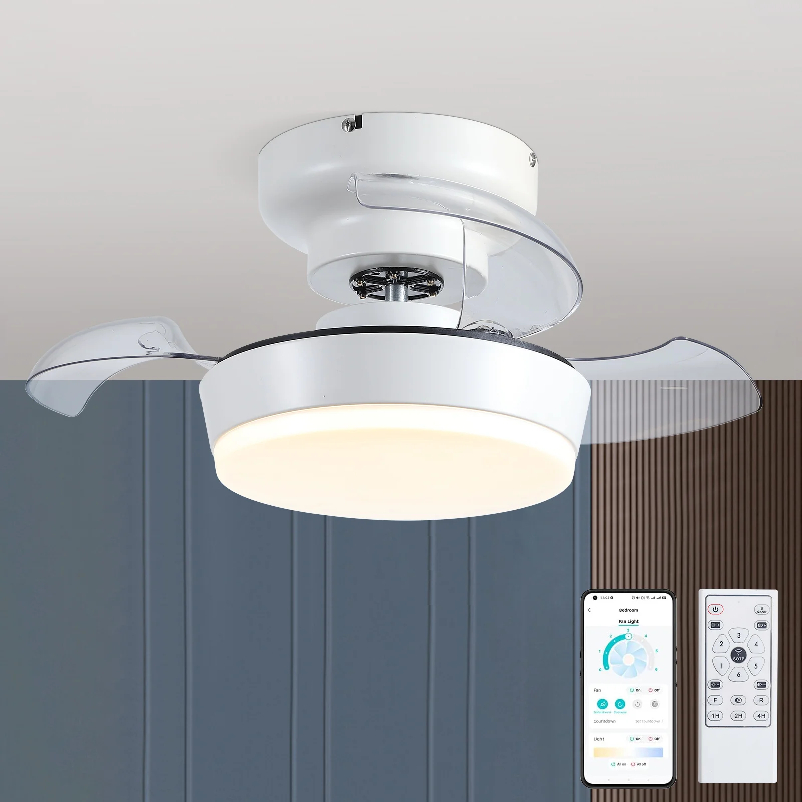 Bedroom All Copper Moto Dimmable Fan Lamp Smart Small Retractable Invisible LED Ceiling Fan With Light and Remote Control
