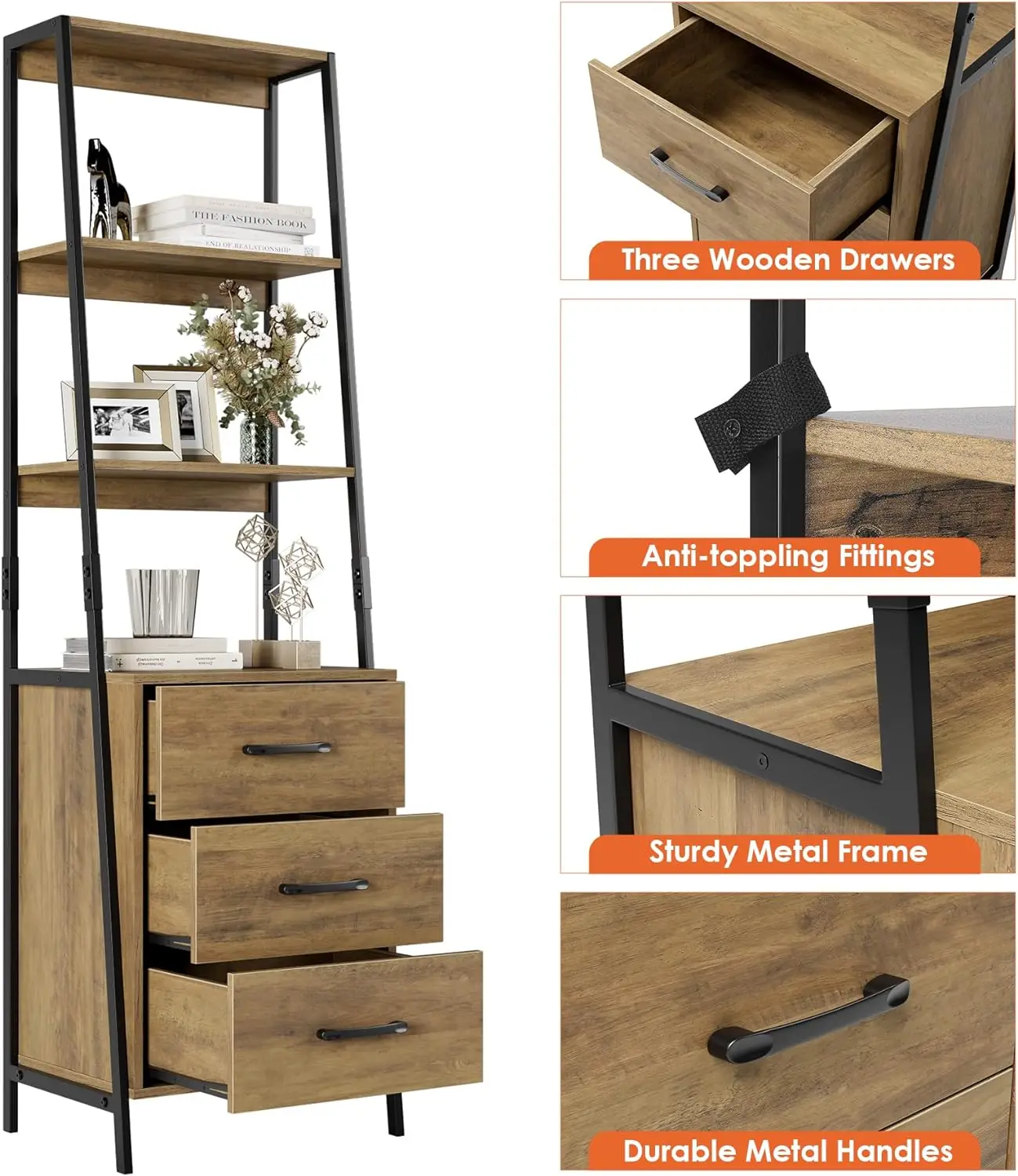 4 Tier Bookcase High Bookcase with 3 Wooden Drawers Modern Bookcase Storage Box for Living Room Hallway Office Rustic Brown