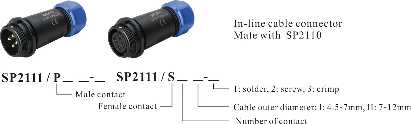 Weipu SP series connector  SP2111/S solder crimp  IP68 female in-line cable connector