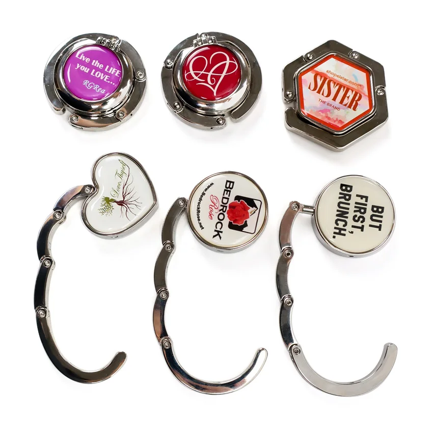 Портативный модный круглый металлический цинковый сплав без рисунка складной крючок с логотипом на заказ вешалка для сумок держатель