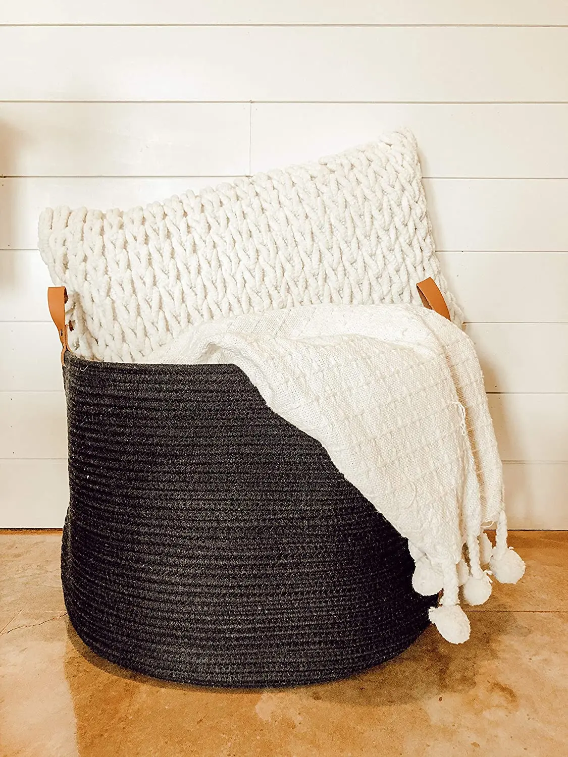Decorative Floor Basket for Living Room with Genuine Leather Handles Black Extra Large Woven Cotton Rope Blanket Storage Basket