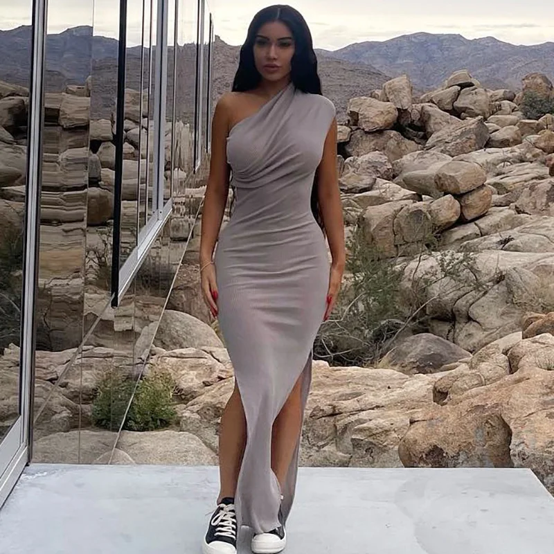 Good Quality Thread Rib Solid Ladies Fashion Dress Long Night Women Dress Summer One Shoulder Sexy Cheap Pleated Casual Dresses