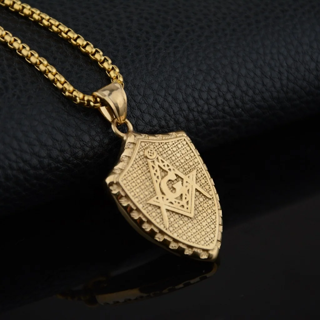 Stainless Steel Custom Jewelry Shield Two Tone AG Masonic Freemason Pendant Necklace for Men