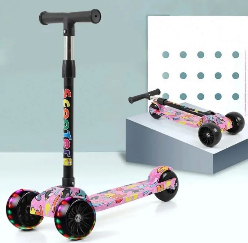 3 Wheel Kick Scooter for Kids with LED Spraying Jet Bluetooth Music Effect Wheel Foldable Scooter Planar Child Pink or Blue
