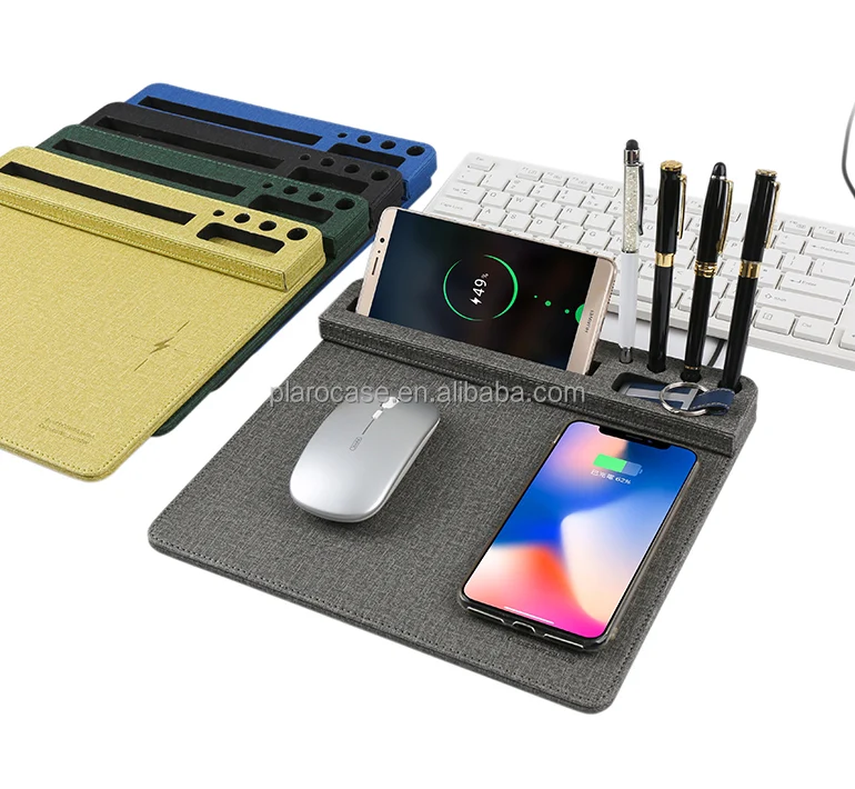 Wireless Charging Promotional Computer Multifunctional Mouse Pad with USB Hub Pen Phone Holder