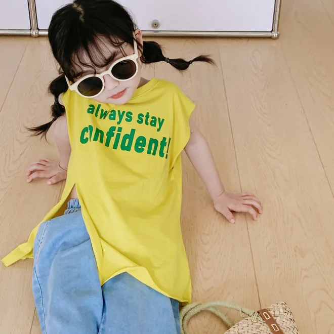 KS0998 Words print fashion toddler and kids girls summer sleeveless top 2022 cotton long slit t shirt