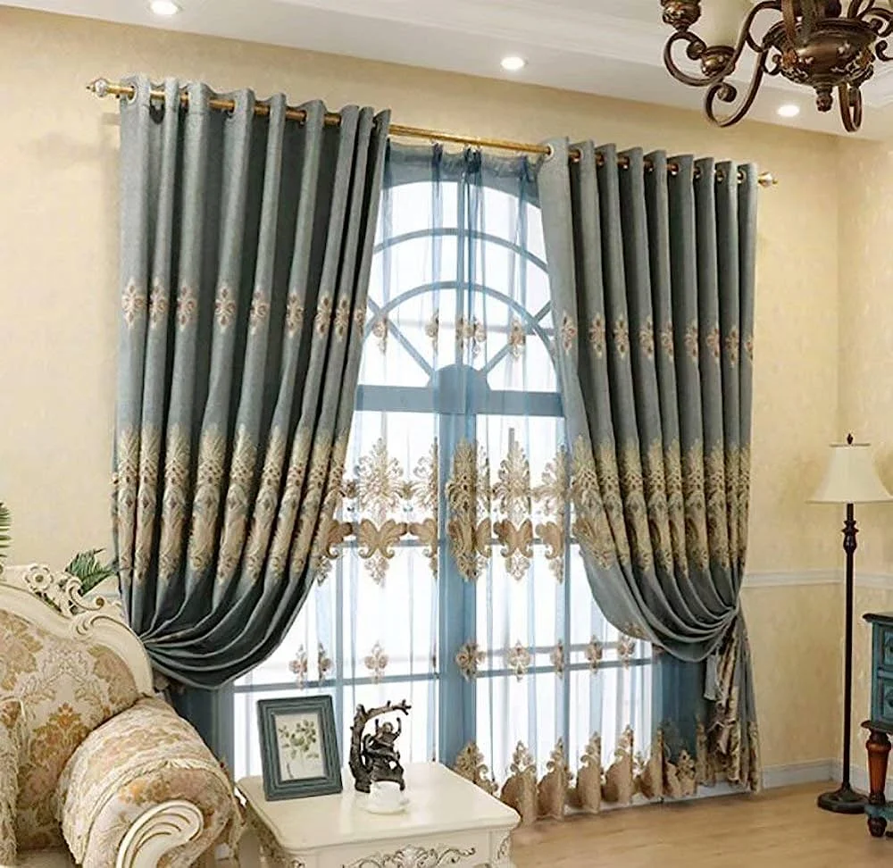 Custom ready made chenille window curtains and bedsheets with matching curtains for the living room embroidery