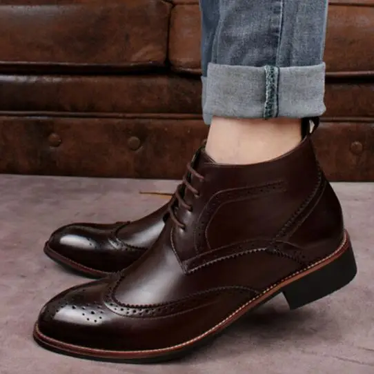 Тренд с высокими берцами на квадратном каблуке; Мужские туфли-оксфорды острым носком наивысшего качества из бычьей кожи; Мужская обувь черного коричневого кофейного цветов; Размеры