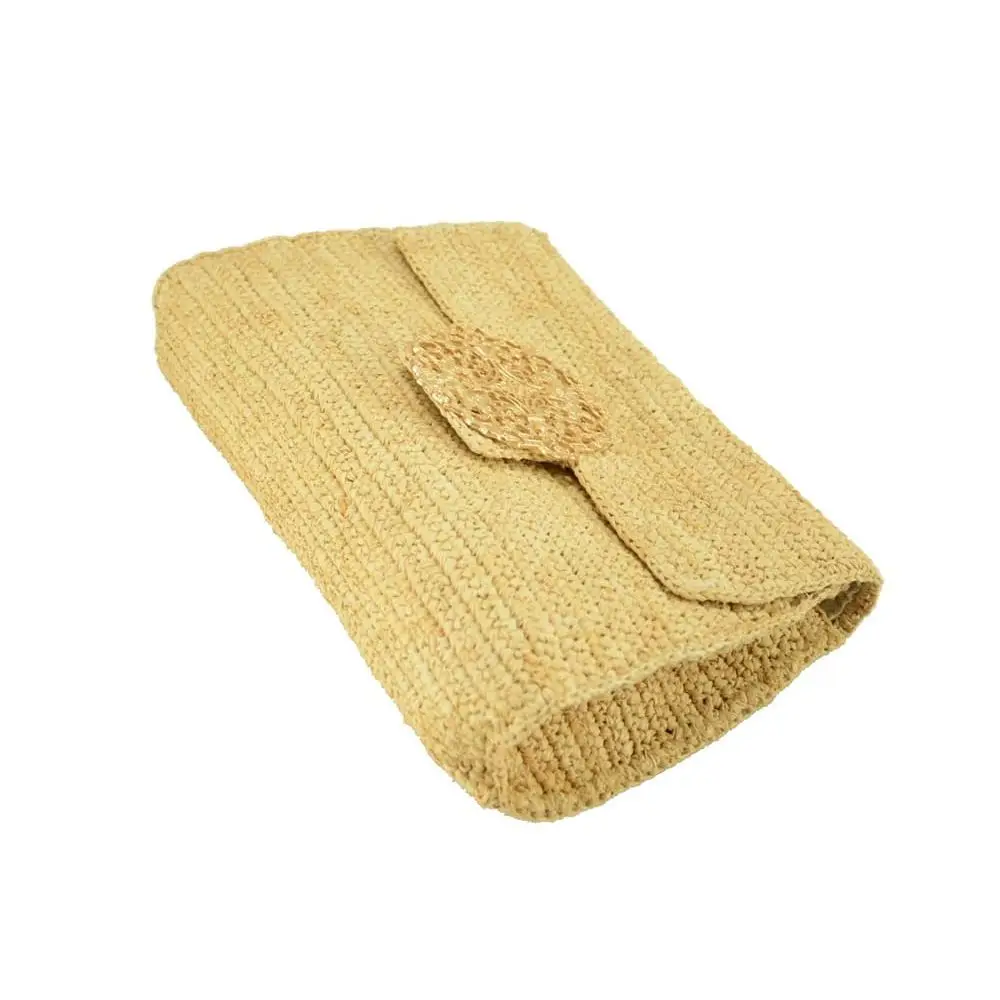 New design metal ring trimmed handmade crocheted natural raffia straw clutch for the summer