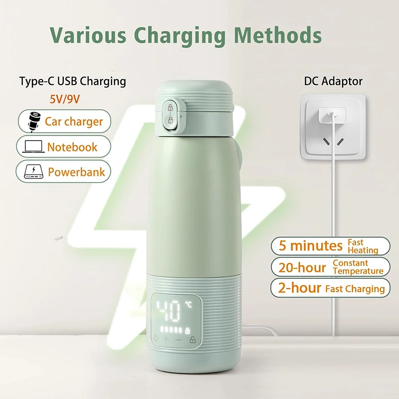 500ml On The Go USB Fast Charging Thermos Cup Cordless Travel Car Portable Baby Bottle Warmer For Water Baby Milk Formula