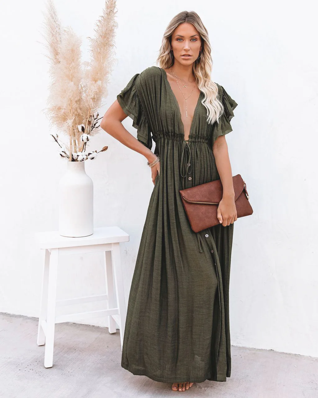 
2021 New Arrival Summer and Spring Deep V neck Casual Long Beach Rash Guards Dress For Women 