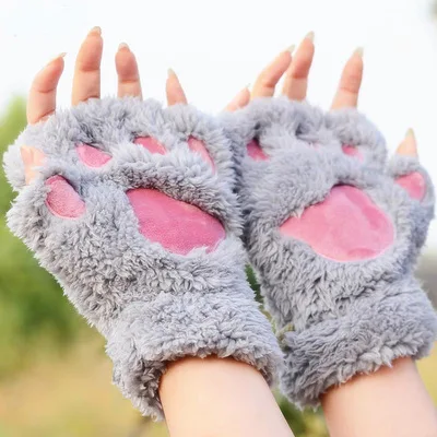 D1548 Women Winter Warm Fingerless Plush Fluffy Cat Paw Gloves For Girls Cosplay Cat-pad Gloves