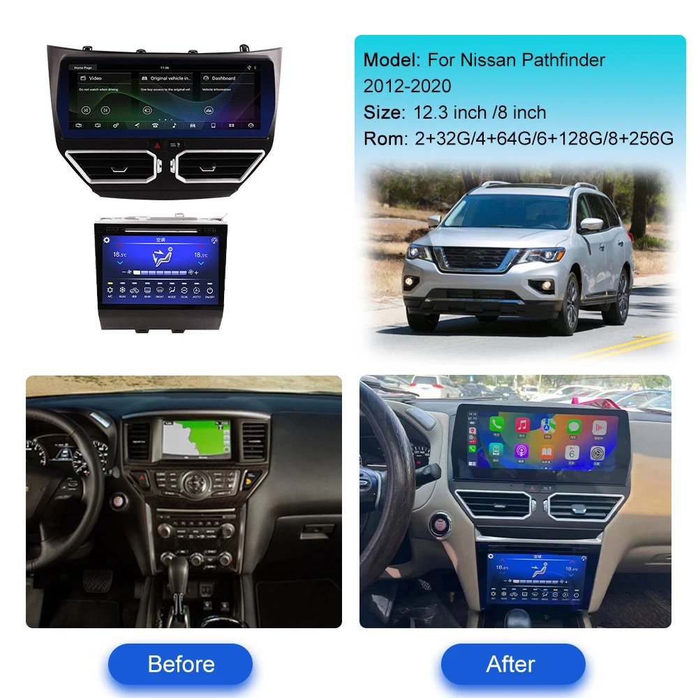 12.3'Carplay+8'Air conditioner screen For Nissan Pathfinder 2012-2020 Android 13 GPS Navi Multimedia Player Wireless Display