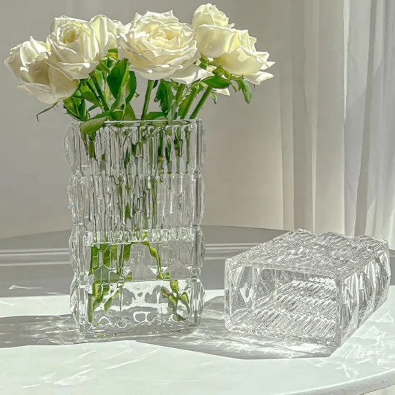 Clear Book Flower Vase Bookshelf Decor Unique Vase Artistic and Cultural Flavor Embossed Thick Glass Vases for Home Office Decor