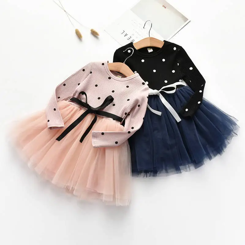 Hot Sale Spring Autumn Girl Dresses Korea Style Polka Dot Gauze Long Sleeve Princess Dress Children Clothing 2-6T 10%