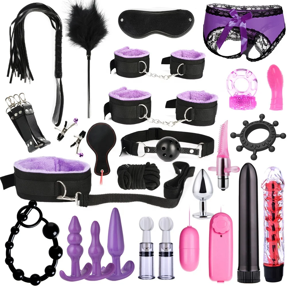 Amazon Hot Selling 26pcs Sexy Lingerie Beads Condoms Nipple Clamps Handcuffs Whip Rope Anal Vibrator Bondage Kits Set for Couple