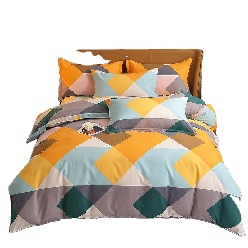 Japanese styles Geometric block embroid 4 Pieces Full Cotton brushed Fabric Kids Bedding Set