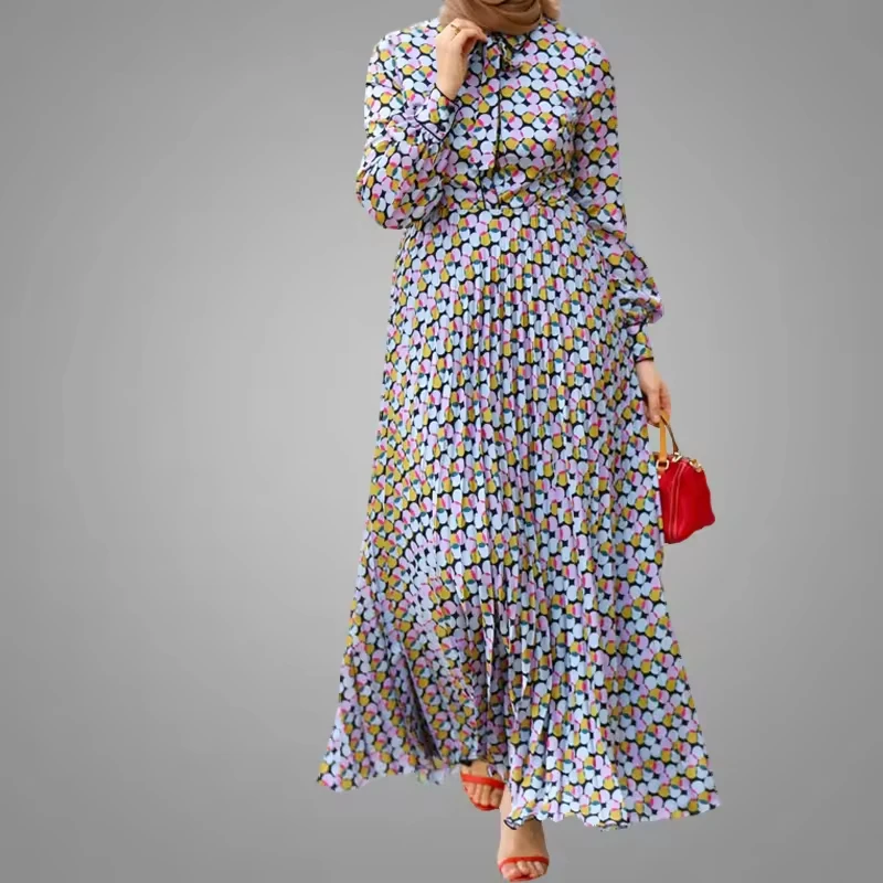 2024 new modern moroccan style kaftan dresses new model abaya in dubai 100% polyester printed style long sleeve maxi dress