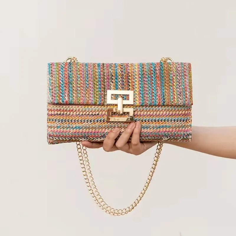 2024 New Fashion Bow Clutch Beach Picnic Travel Bag Boho Design Women Woven Raffia Straw Tote Handbag Purse for Ladies