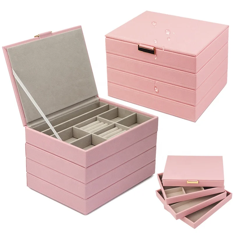Popular light color stacker style pu leather jewelry storage box