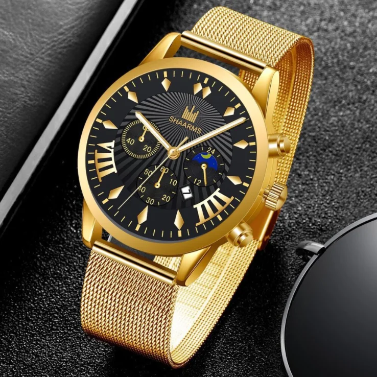 Ornamental three-eye watch personality atmosphere business watch with calendar net belt quartz watch