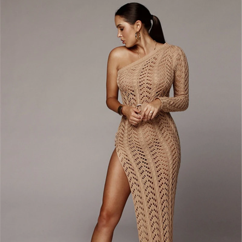 Sexy diagonal shoulder split hook flower hollow woolen dress